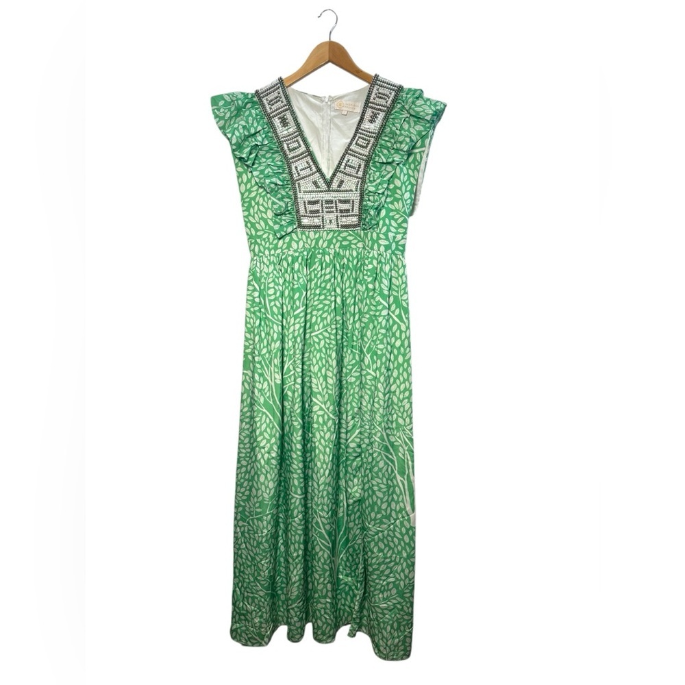 Sheridan French Beaded Floral Ruffle Elegant Maxi Dress Quiet Luxury Size Large